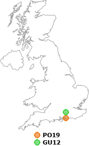 map showing distance between PO19 and GU12