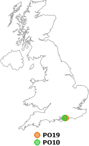map showing distance between PO19 and PO10