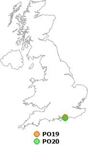 map showing distance between PO19 and PO20