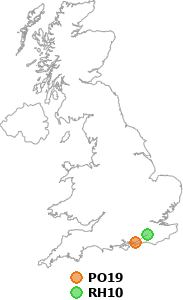 map showing distance between PO19 and RH10