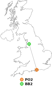 map showing distance between PO2 and BB2