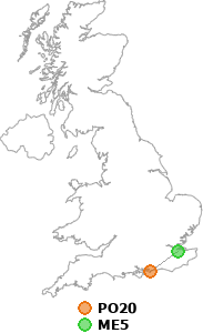 map showing distance between PO20 and ME5