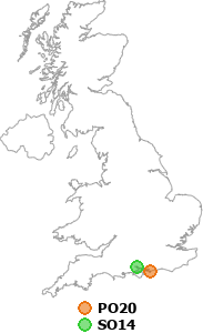 map showing distance between PO20 and SO14