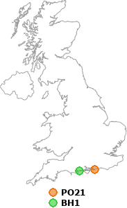 map showing distance between PO21 and BH1