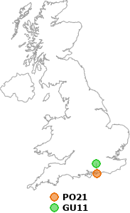 map showing distance between PO21 and GU11
