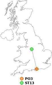 map showing distance between PO3 and ST13