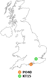 map showing distance between PO40 and KT15