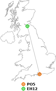 map showing distance between PO5 and EH12
