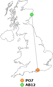 map showing distance between PO7 and AB12