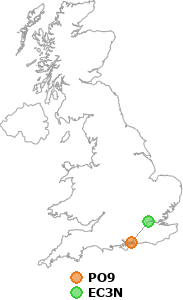 map showing distance between PO9 and EC3N