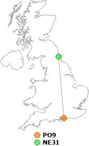 map showing distance between PO9 and NE31