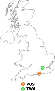 map showing distance between PO9 and TW6