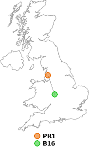 map showing distance between PR1 and B16