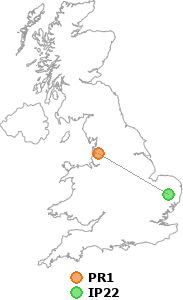 map showing distance between PR1 and IP22