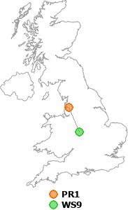 map showing distance between PR1 and WS9