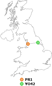 map showing distance between PR1 and YO42