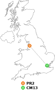 map showing distance between PR2 and CM13