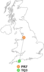 map showing distance between PR7 and TQ3