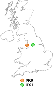 map showing distance between PR9 and HX1