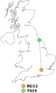 map showing distance between RG12 and TS14