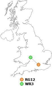 map showing distance between RG12 and WR3