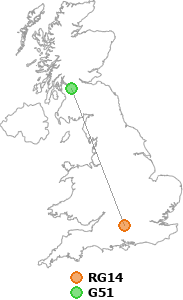 map showing distance between RG14 and G51
