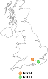 map showing distance between RG14 and RH11