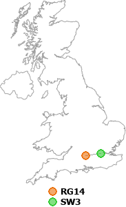 map showing distance between RG14 and SW3