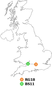 map showing distance between RG18 and BS11