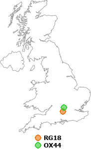 map showing distance between RG18 and OX44