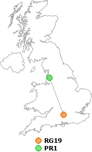 map showing distance between RG19 and PR1