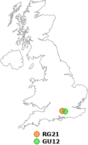 map showing distance between RG21 and GU12