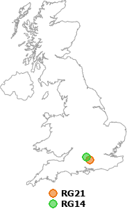 map showing distance between RG21 and RG14