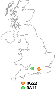 map showing distance between RG22 and BA14