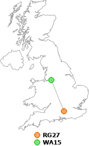 map showing distance between RG27 and WA15