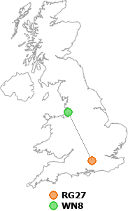 map showing distance between RG27 and WN8