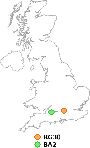 map showing distance between RG30 and BA2