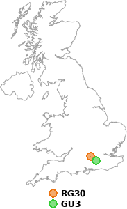 map showing distance between RG30 and GU3