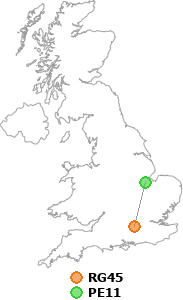 map showing distance between RG45 and PE11
