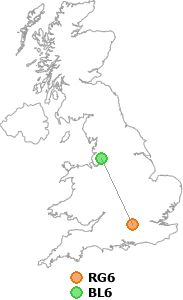 map showing distance between RG6 and BL6