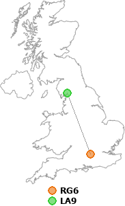 map showing distance between RG6 and LA9