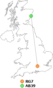 map showing distance between RG7 and AB39