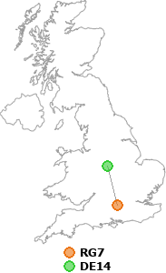 map showing distance between RG7 and DE14
