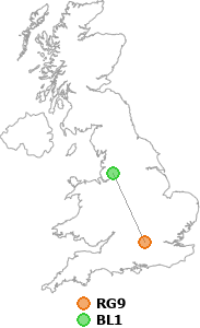map showing distance between RG9 and BL1