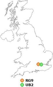 map showing distance between RG9 and UB2