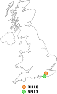 map showing distance between RH10 and BN13