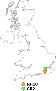 map showing distance between RH10 and CR2