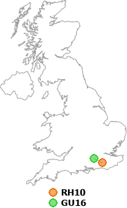 map showing distance between RH10 and GU16