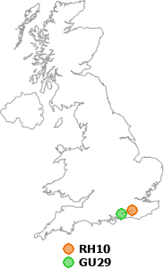map showing distance between RH10 and GU29