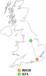 map showing distance between RH10 and S73